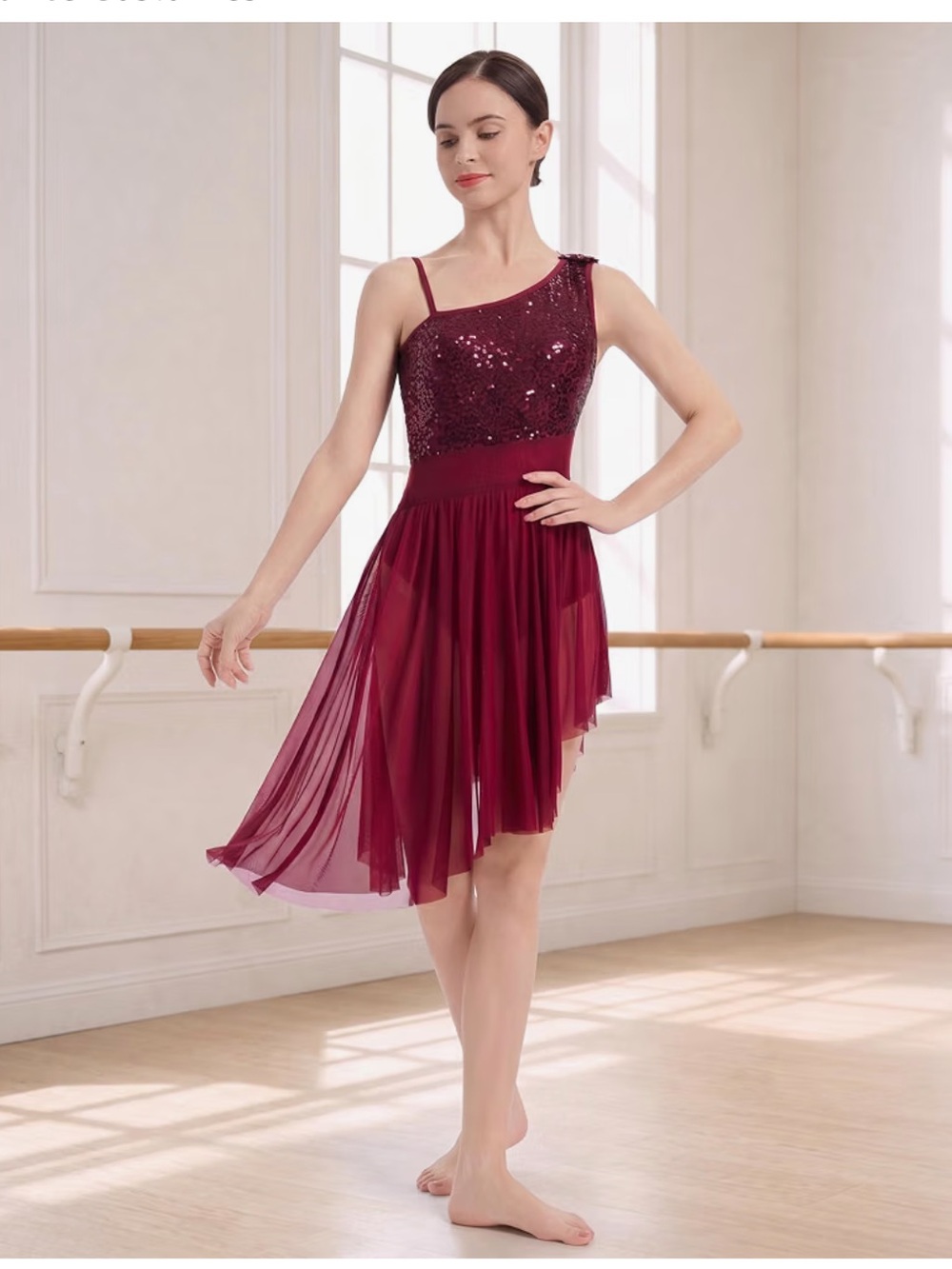 One-Shoulder Burgundy Sequin Chiffon Lyrical Dance Asymmetrical Costume Dress